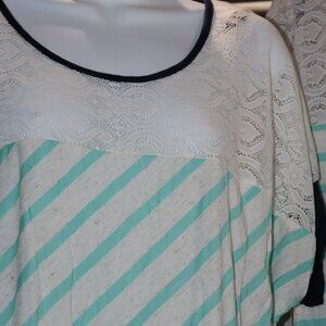 Marianne Polyester/Rayon Blend Lace Shoulder Blouse Teal Stripe w/N Blue S,M,L